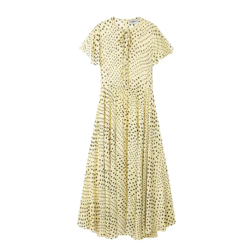 ZARA Elegant Round Neck Tie Ruffle Short Sleeve Polka Dot Dress